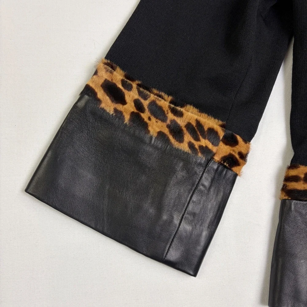 NWT St. John Collection Blazer Women 8 Black Leather Leopard Wool Silk Jacket - Picture 14 of 16